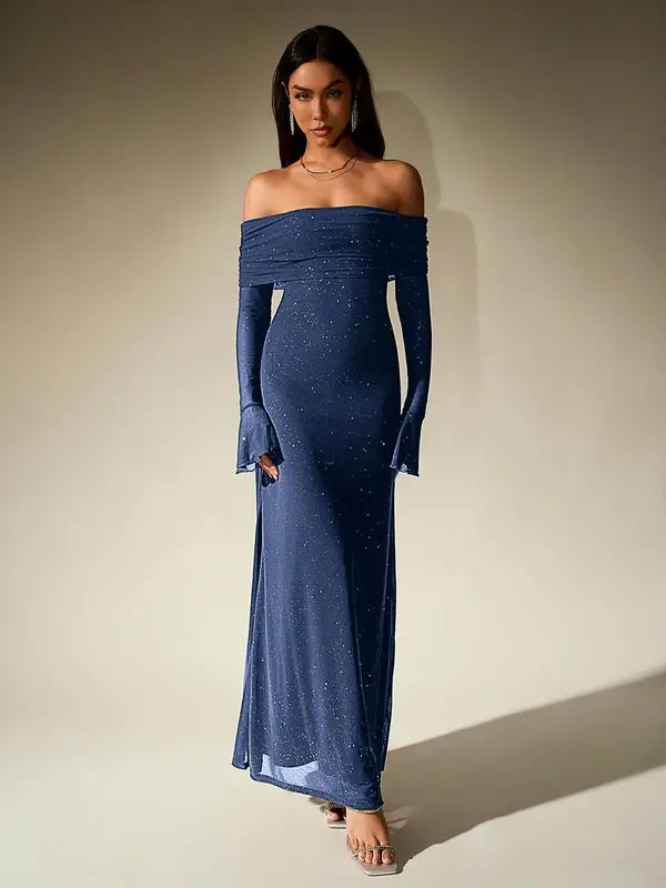 ANDREA™ - Women's Off-The-Shoulder Ruched Contrast Sequin Bodycon Dress