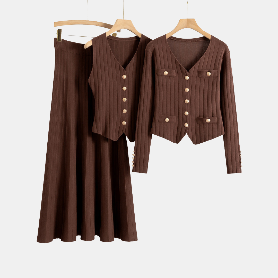 XANDY™ - Elegant V-Neck Buttoned Vest and High Waist Skirt