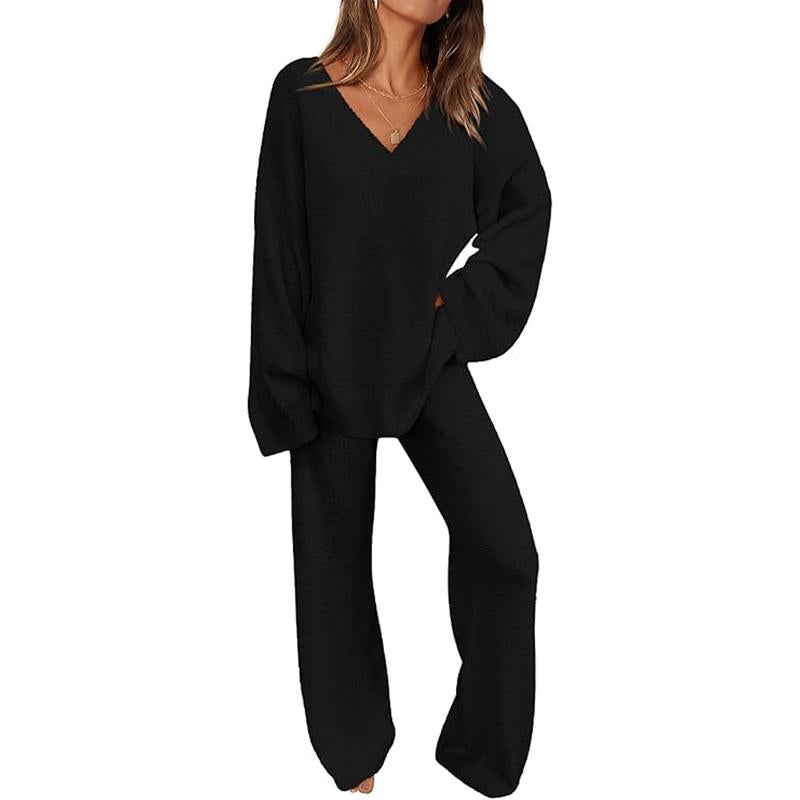REBECCA™ - Women’s 2-Piece Lounge Set Soft Chunky V-Neck Top & Wide Leg Pants for Homewear