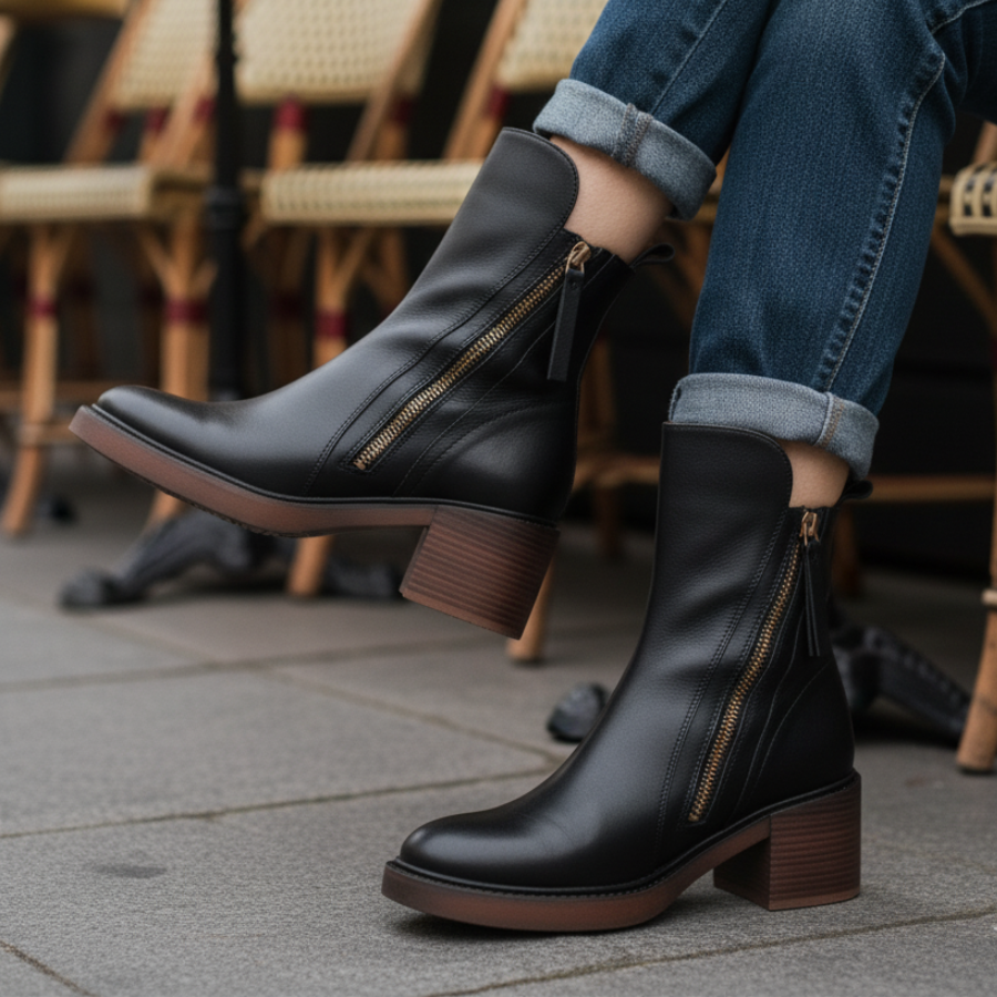 Belle| Black leather ankle boots with comfortable heel