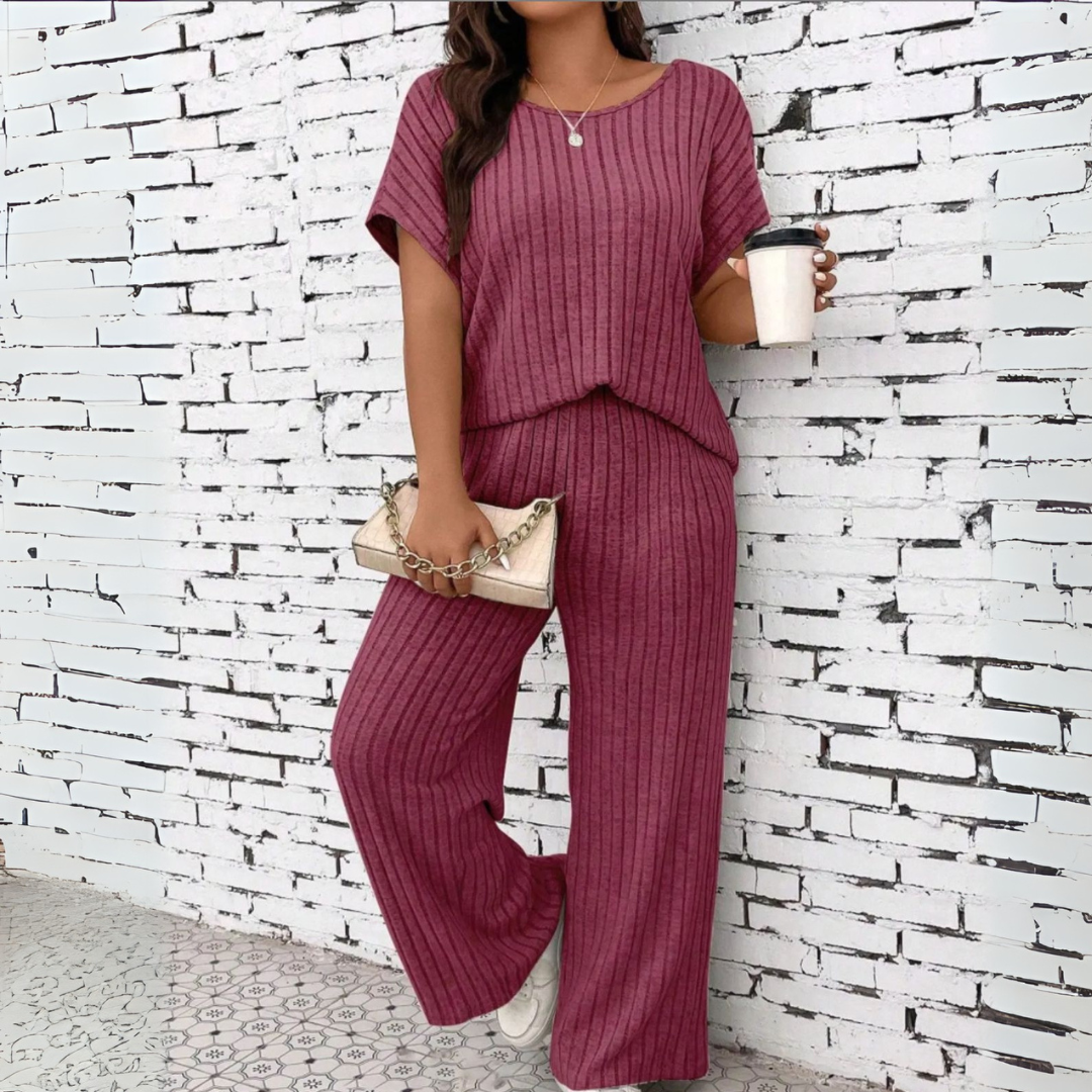 WAUNA™ - Casual Plus Size Short Sleeve Top and Pants Set