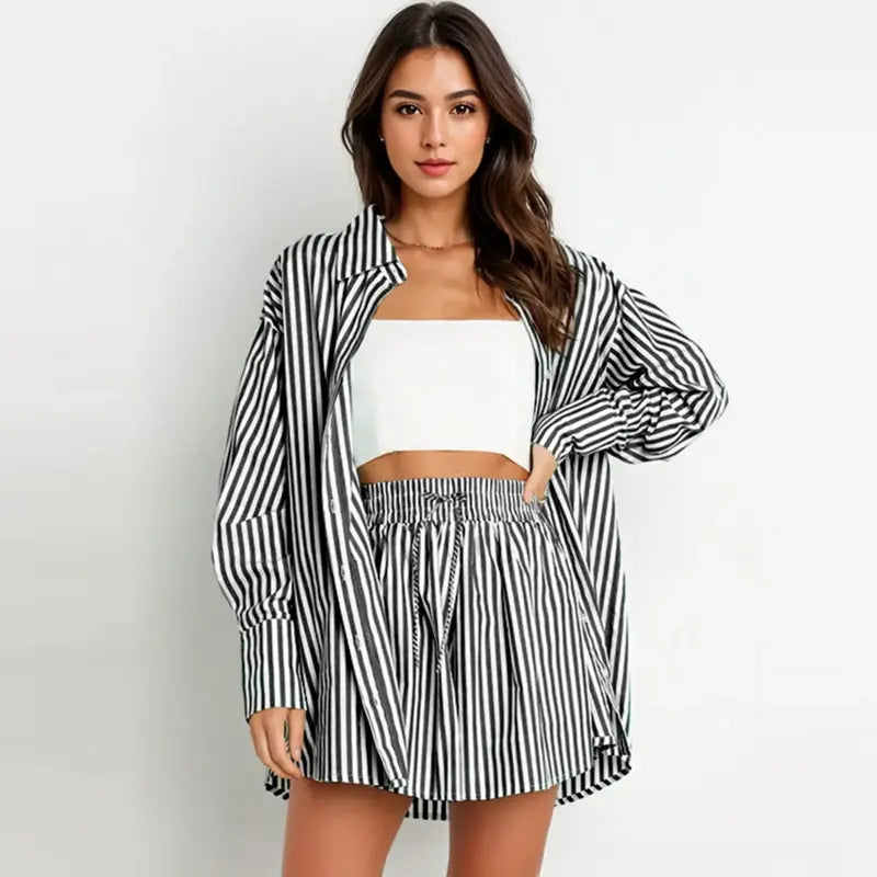 TIFY™ –  Chic Striped Collared Shirt and Wide-Leg Shorts Set